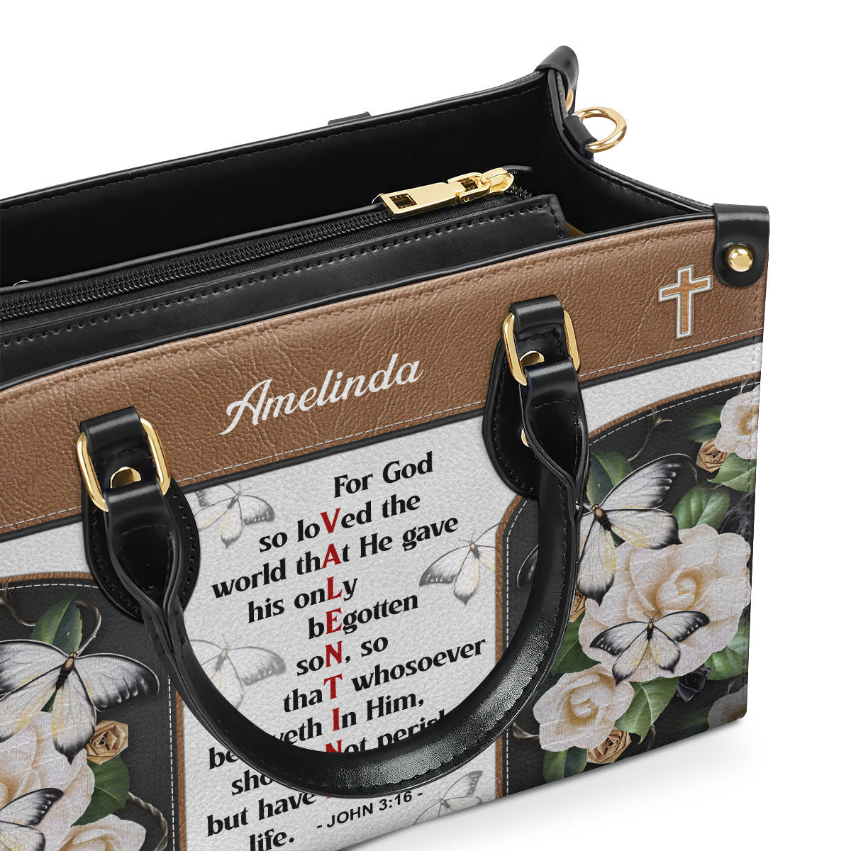 Personalized Leather Handbag | Christian Valentines Day Ideas | John 3:16 | For God So Loved The World | Bible Verse Spiritual Gifts LHBH832