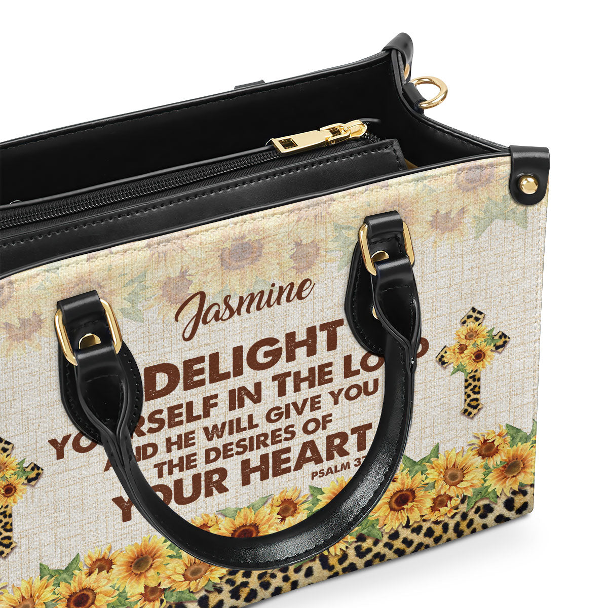 Personalized Leather Handbag With Handle | Delight Yourself In The Lord | Psalm 37:4 | Sunflower And Cross HN152