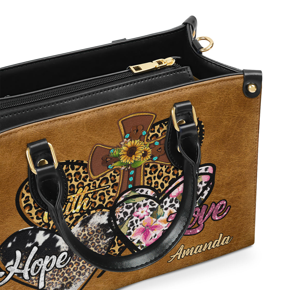 Personalized Leather Handbag With Zipper | Faith Hope Love LHBHN687