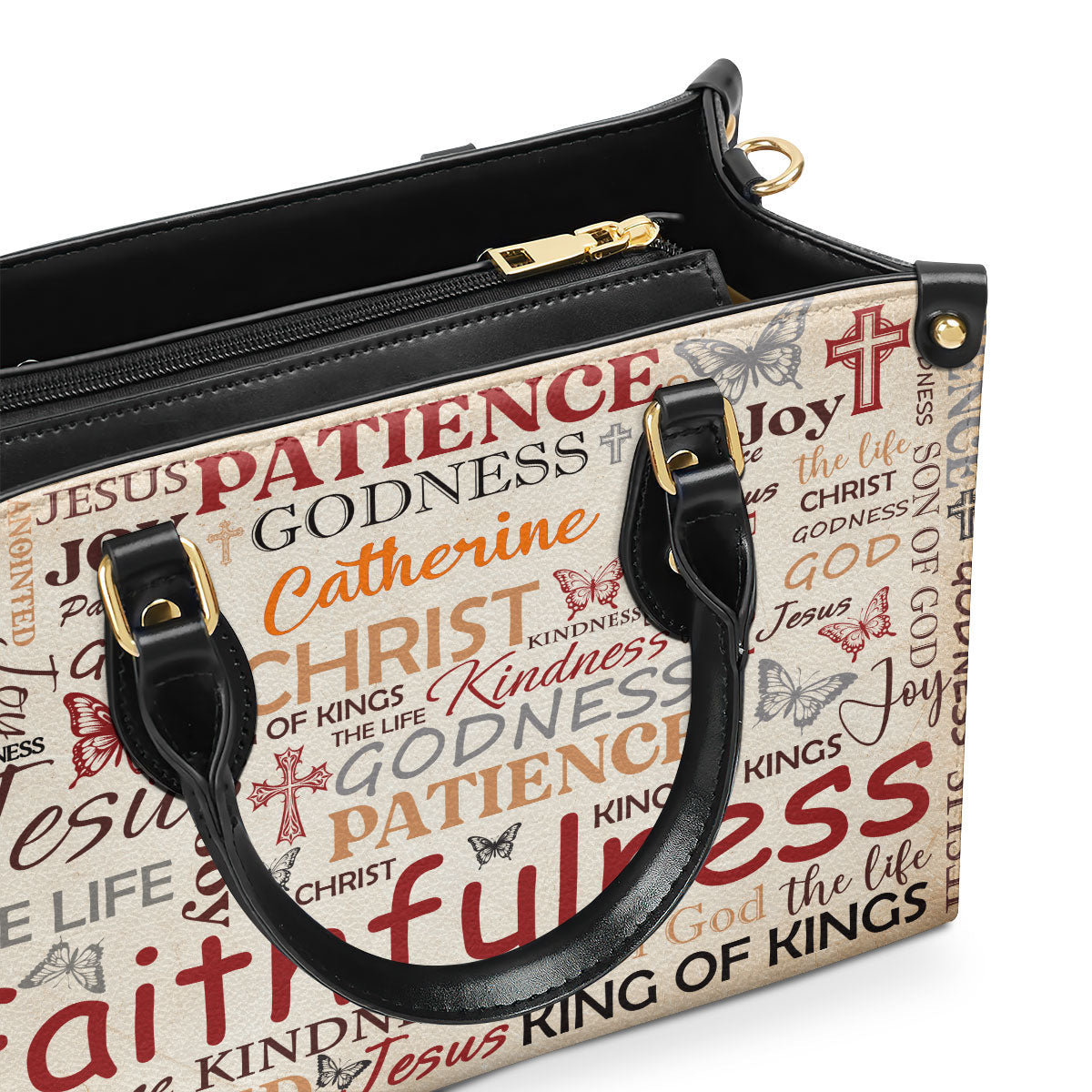 Personalized Leather Handbag With Zipper | Patience Godness Faithfulness LHBM730