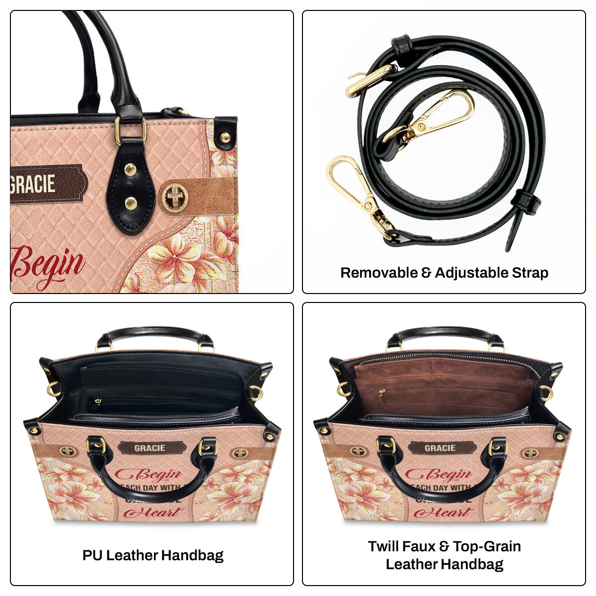 Lovely Personalized Flower Leather Handbag - Begin Each Day With A Grateful Heart HIM296