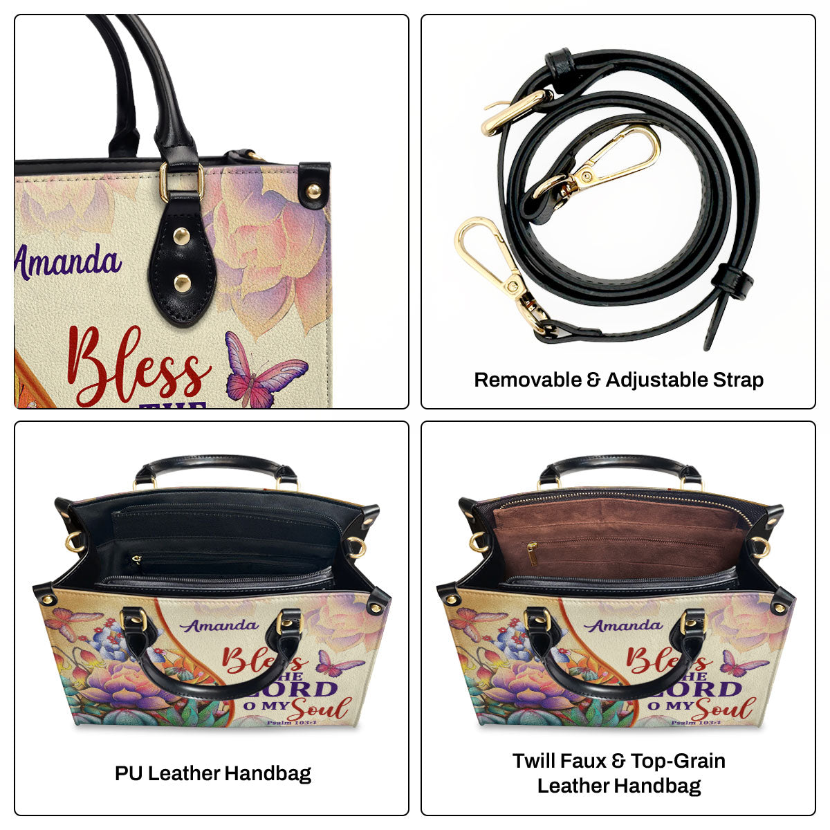 Bless The Lord O My Soul | Psalm 103:1 | Personalized Leather Handbag With Handle | Flower And Butterfly LHBM678