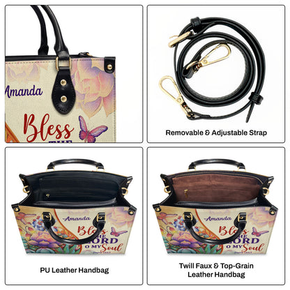 Bless The Lord O My Soul | Psalm 103:1 | Personalized Leather Handbag With Handle | Flower And Butterfly LHBM678