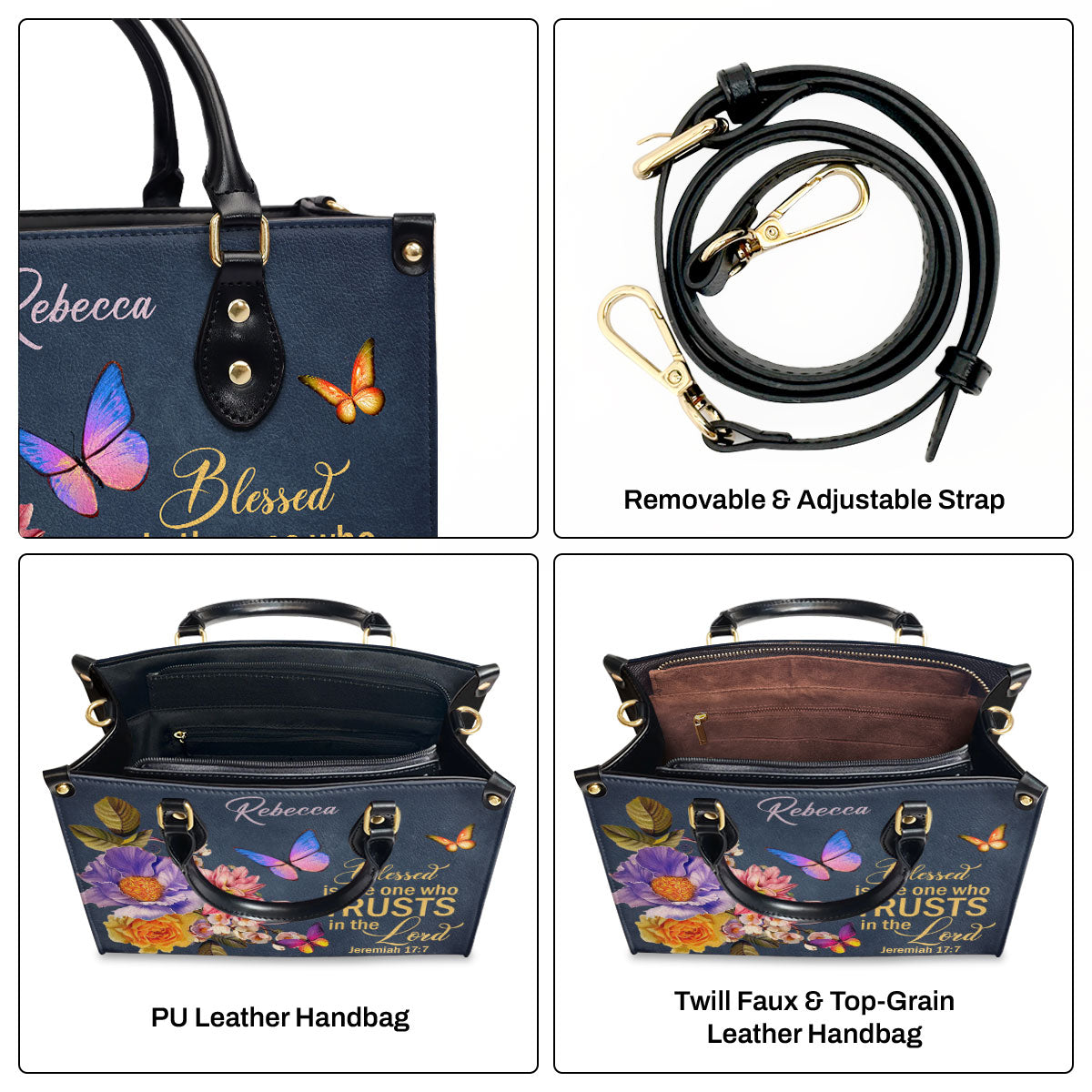 Blessed Is The Woman Who Trusts In The Lord | Jeremiah 17:7 | Personalized Flower Leather Handbag LHBM680