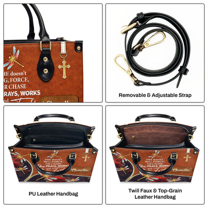 She Prays, Works, And Has Faith - Pretty Personalized Dragonfly Leather Handbag NUH274