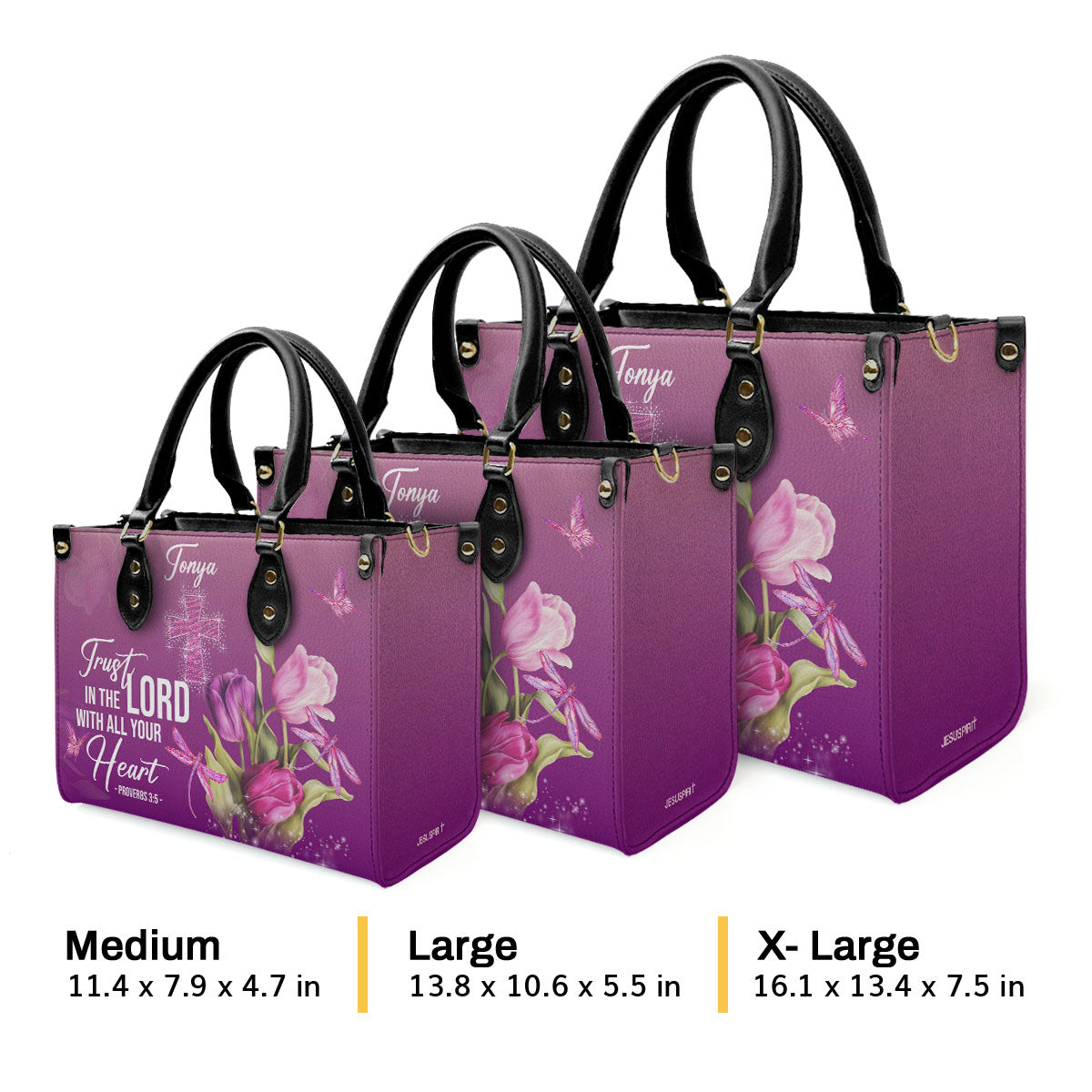 Personalized Purple Leather Handbag | Trust In The Lord With All Your Heart | Proverbs 3:5 | Tulip And Cross LHBM602