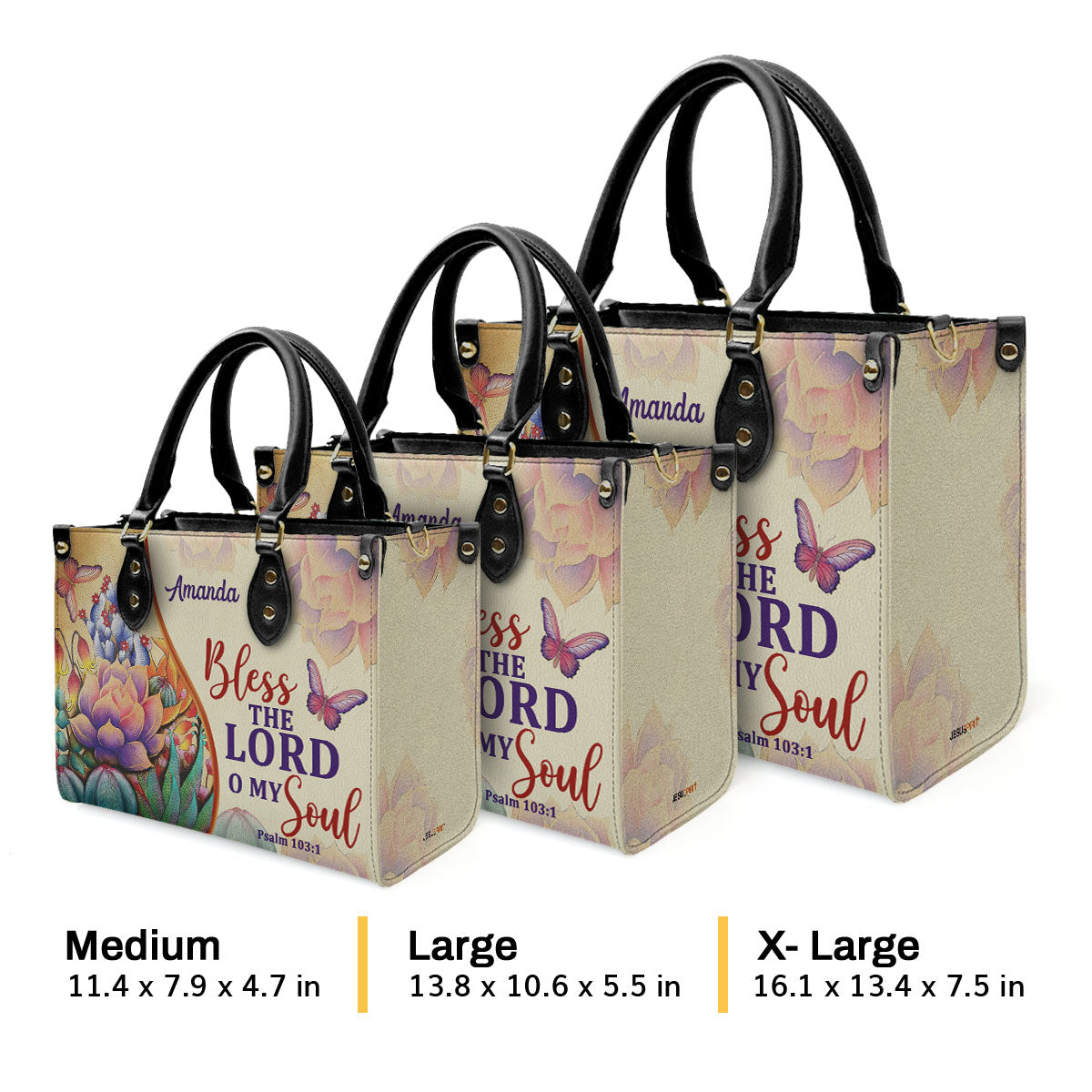 Bless The Lord O My Soul | Psalm 103:1 | Personalized Leather Handbag With Handle | Flower And Butterfly LHBM678