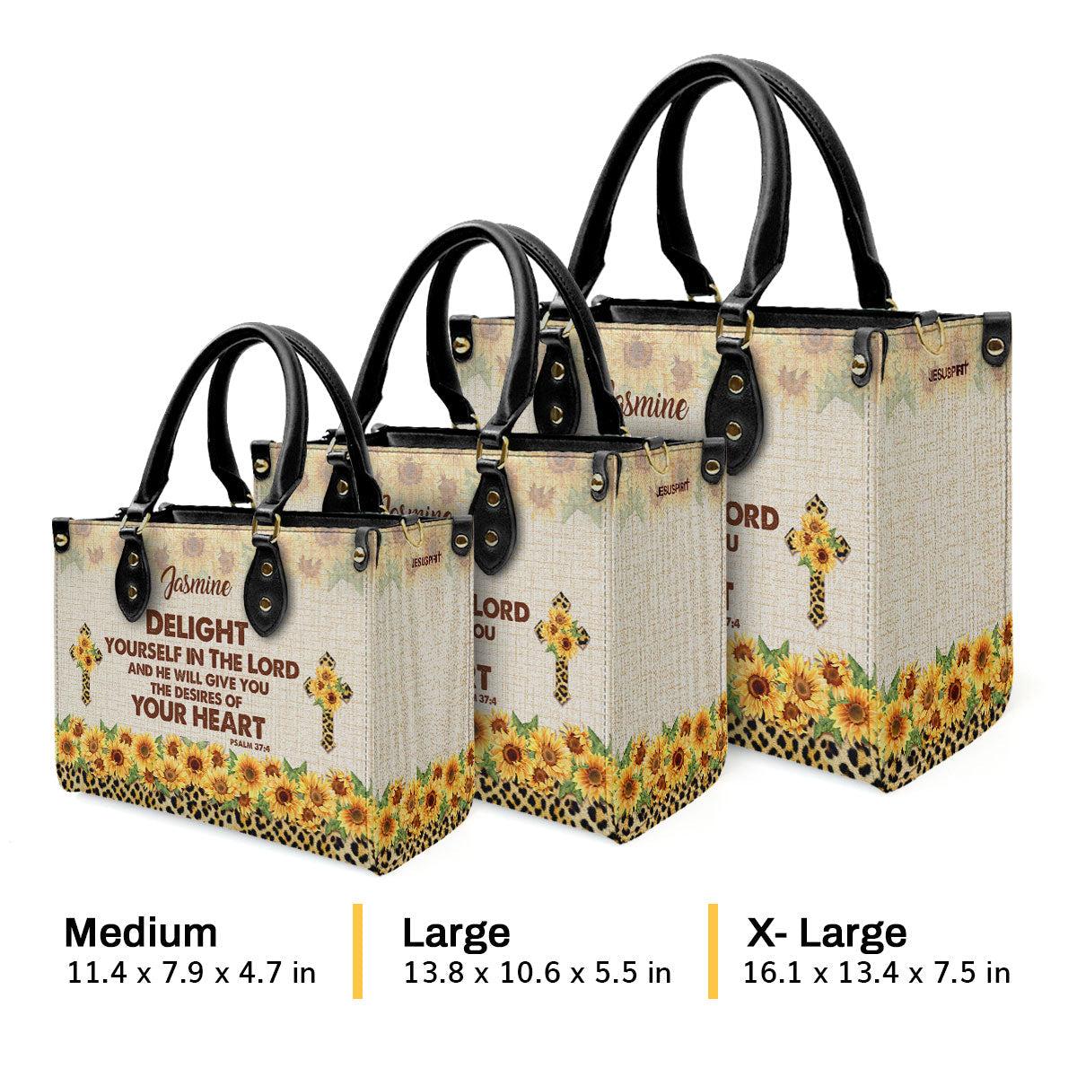 Personalized Leather Handbag With Handle | Delight Yourself In The Lord | Psalm 37:4 | Sunflower And Cross HN152