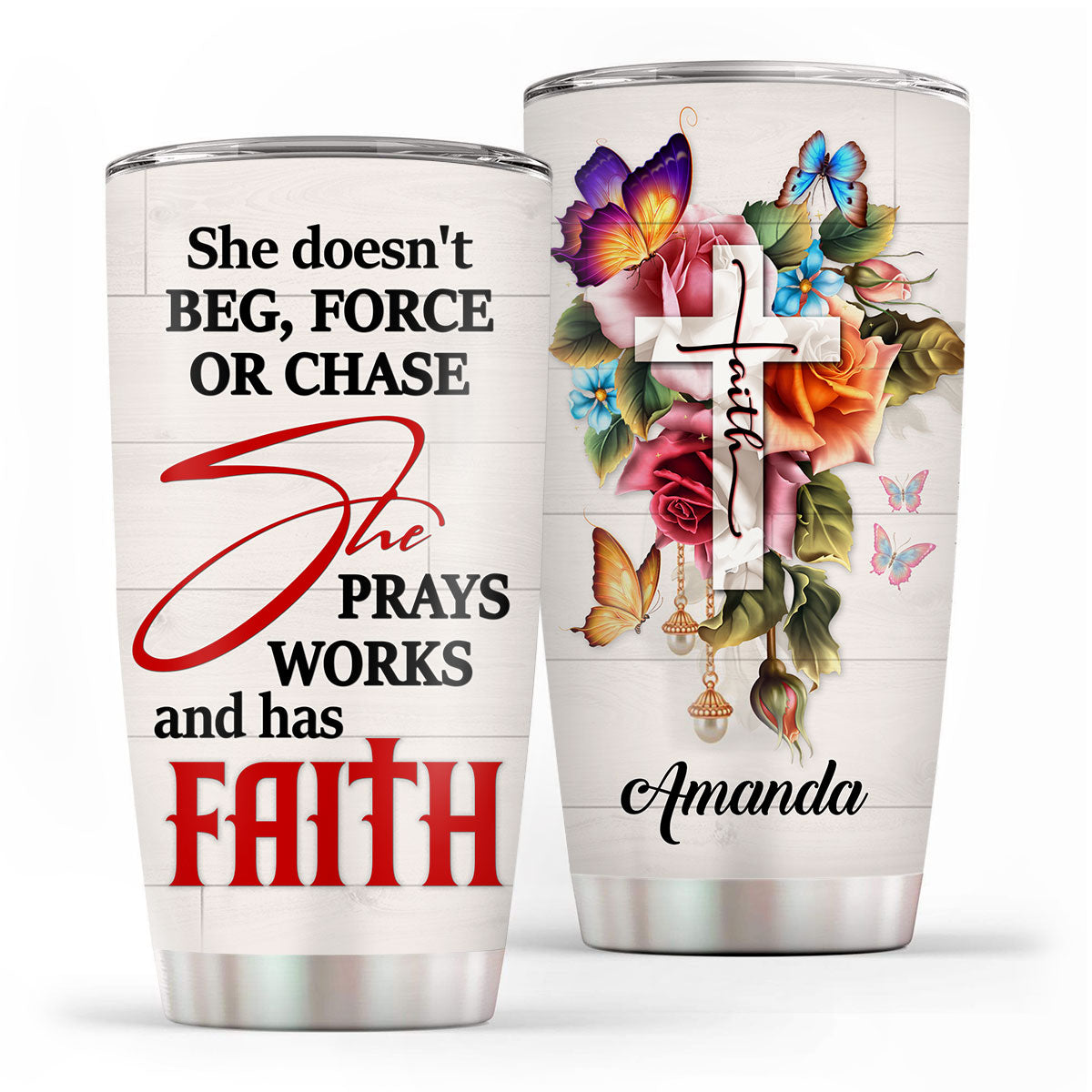 Pretty Personalized Floral Cross Stainless Steel Tumbler 20oz - She Prays, Works, And Has Faith NUH204