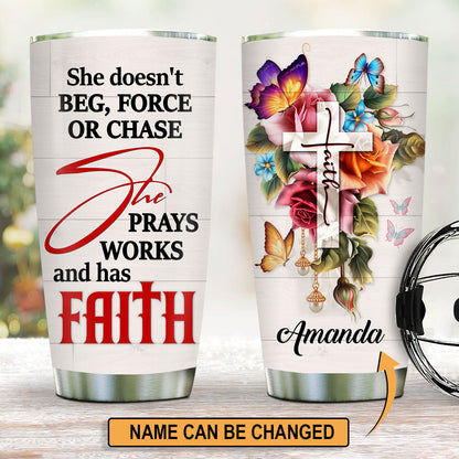 Pretty Personalized Floral Cross Stainless Steel Tumbler 20oz - She Prays, Works, And Has Faith NUH204