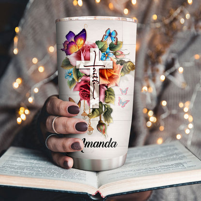 Pretty Personalized Floral Cross Stainless Steel Tumbler 20oz - She Prays, Works, And Has Faith NUH204